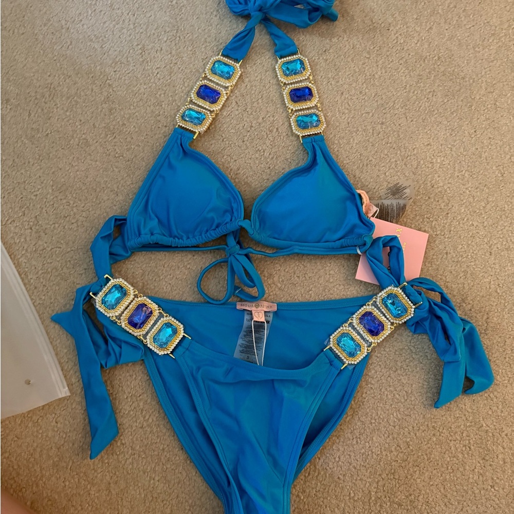 Moda Minx designer brand bright ocean blue Embellished Bikini Set